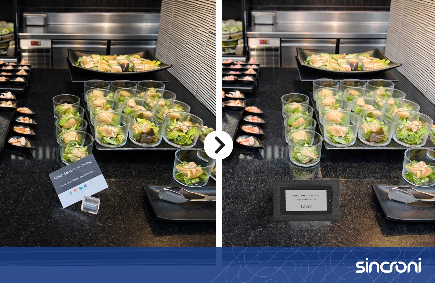 Etiquetado digital en buffet de hotel mejorando la experiencia del huésped con información clara y moderna