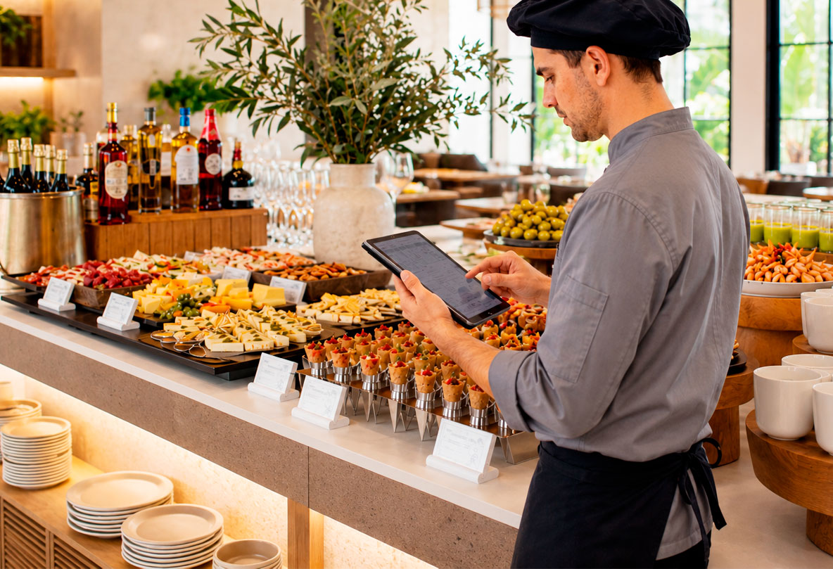 Chef gestionando el etiquetado digital del buffet desde una tablet en un hotel